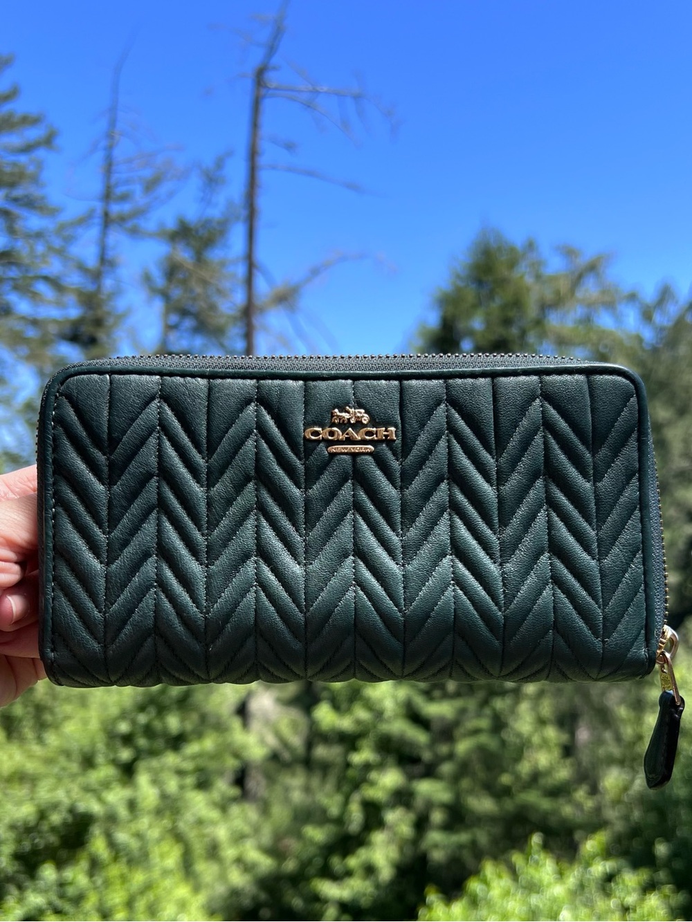 COACH Green Quilted Leather Zip-Around Wallet with Gold Hardware AUTHENTIC